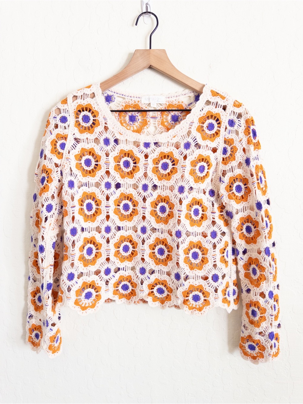 Rebellion Again Granny Square Crochet Cropped Boxy Long Sleeve Top Medium Boho